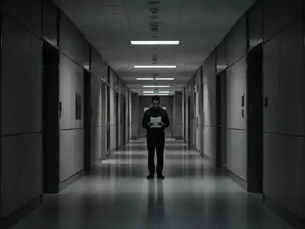 Ein langer, leerer Gerichtskorridor mit einer einzelnen, verschwommenen Person in der Ferne, die ein Dokument hält. - Foto: über boerse-global.de