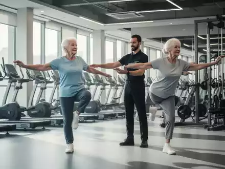 Ein älterer Mann und eine Frau trainieren mit einem Personal Trainer in einem modernen Fitnessstudio. - Foto: über boerse-global.de