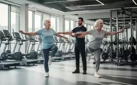 Ein älterer Mann und eine Frau trainieren mit einem Personal Trainer in einem modernen Fitnessstudio. - Foto: über boerse-global.de