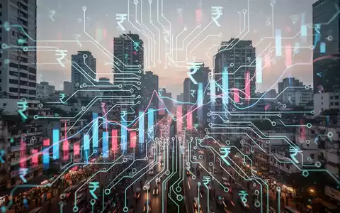Futuristische Leiterplatte mit leuchtenden Linien, überlagert von abstrakten Finanzdiagrammen und indischen Rupien-Symbolen, vor moderner indischer Stadtkulisse. - Foto: über boerse-global.de