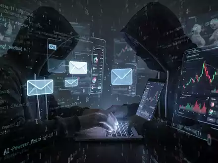 Eine Person im Kapuzenpullover tippt auf einem Laptop, umgeben von digitalen Symbolen für E-Mail und Börsenhandel, die Cyberangriffe darstellen. - Foto: über boerse-global.de