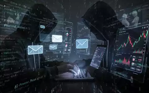 Eine Person im Kapuzenpullover tippt auf einem Laptop, umgeben von digitalen Symbolen für E-Mail und Börsenhandel, die Cyberangriffe darstellen. - Foto: über boerse-global.de