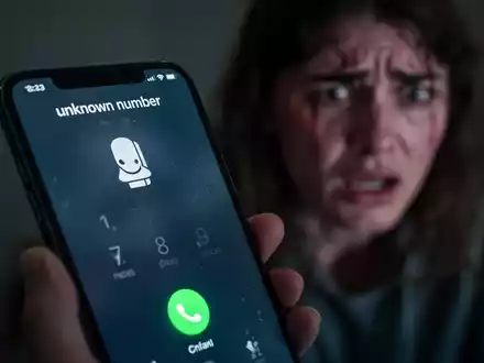 Nahaufnahme eines Smartphone-Bildschirms, der einen Anruf von einer unbekannten Nummer anzeigt, im Hintergrund eine unscharfe, besorgte Person. - Foto: über boerse-global.de