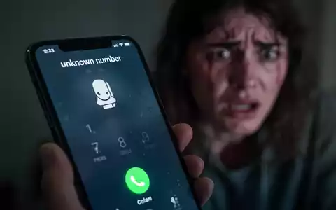 Nahaufnahme eines Smartphone-Bildschirms, der einen Anruf von einer unbekannten Nummer anzeigt, im Hintergrund eine unscharfe, besorgte Person. - Foto: über boerse-global.de