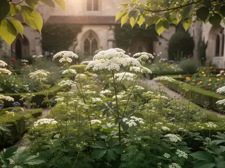 Nahaufnahme von Heilkräutern, darunter Mädesüß, die in einem Klostergarten wachsen, mit sanftem Sonnenlicht, das durch die Blätter fällt. - Foto: über boerse-global.de