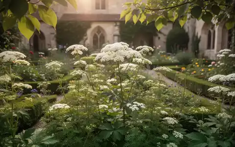 Nahaufnahme von Heilkräutern, darunter Mädesüß, die in einem Klostergarten wachsen, mit sanftem Sonnenlicht, das durch die Blätter fällt. - Foto: über boerse-global.de