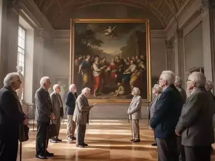 Ältere Menschen betrachten intensiv ein klassisches Gemälde in einem prächtigen Museumssaal. - Foto: über boerse-global.de