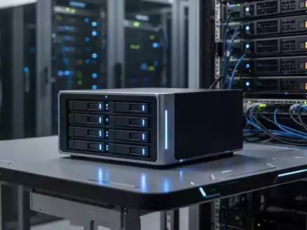 Schlanker, moderner Mini-PC mit leuchtenden Anzeigen, mehreren Laufwerksschächten und Serverracks im Hintergrund. - Foto: über boerse-global.de