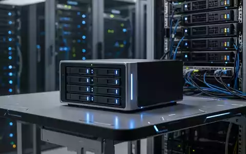 Schlanker, moderner Mini-PC mit leuchtenden Anzeigen, mehreren Laufwerksschächten und Serverracks im Hintergrund. - Foto: über boerse-global.de