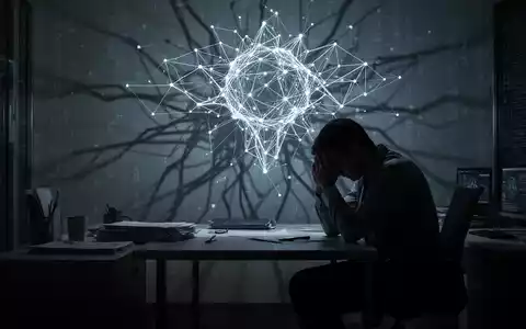 Eine Silhouette sitzt in einem dunklen Büro vor einem schimmernden, abstrakten KI-Netzwerk, das Schatten wirft. - Foto: über boerse-global.de