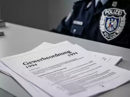 Eine Nahaufnahme der Gewerbeordnung 1994 auf einem Schreibtisch mit einer Finanzpolizei-Uniform im Hintergrund. - Foto: über boerse-global.de