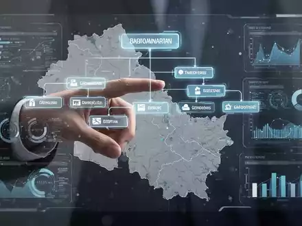 Eine Hand interagiert mit einer holografischen Projektion eines Organigramms und einer Regionalkarte, die digitale Produktivität und Datenvisualisierung symbolisiert. - Foto: über boerse-global.de
