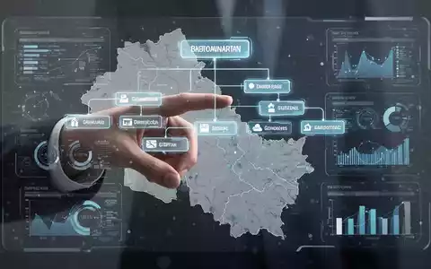 Eine Hand interagiert mit einer holografischen Projektion eines Organigramms und einer Regionalkarte, die digitale Produktivität und Datenvisualisierung symbolisiert. - Foto: über boerse-global.de