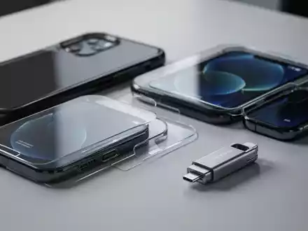 Smartphone-Zubehör, darunter eine Schutzhülle, ein Displayschutz und ein USB-Stick, auf einer sauberen Oberfläche ausgelegt. - Foto: über boerse-global.de