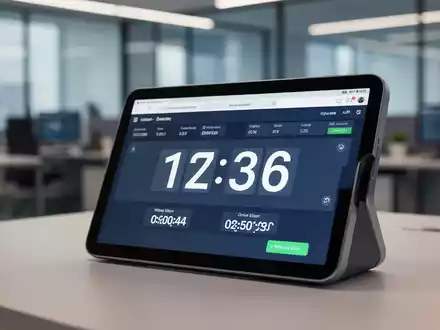 Nahaufnahme einer digitalen Zeiterfassungsuhr oder Tablet-App, die Arbeitszeiten anzeigt, mit unscharfem Bürohintergrund. - Foto: über boerse-global.de