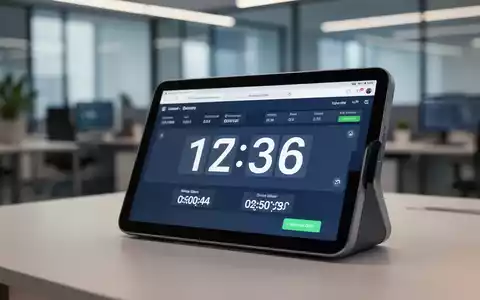 Nahaufnahme einer digitalen Zeiterfassungsuhr oder Tablet-App, die Arbeitszeiten anzeigt, mit unscharfem Bürohintergrund. - Foto: über boerse-global.de
