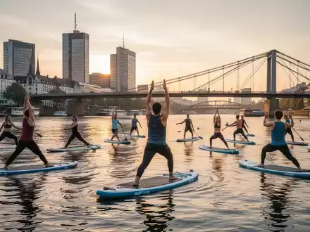 Eine Gruppe von Menschen praktiziert SUP-Yoga auf dem Main in Frankfurt, mit der Skyline der Stadt im Hintergrund bei Sonnenuntergang. - Foto: über boerse-global.de