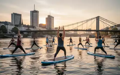 Eine Gruppe von Menschen praktiziert SUP-Yoga auf dem Main in Frankfurt, mit der Skyline der Stadt im Hintergrund bei Sonnenuntergang. - Foto: über boerse-global.de