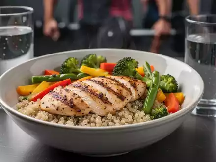 Nahaufnahme einer ausgewogenen Mahlzeit mit gegrilltem Hähnchen, Quinoa und Gemüse, neben einem Glas Wasser auf einem Tisch. - Foto: über boerse-global.de