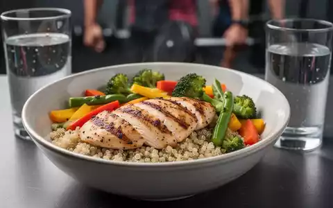 Nahaufnahme einer ausgewogenen Mahlzeit mit gegrilltem Hähnchen, Quinoa und Gemüse, neben einem Glas Wasser auf einem Tisch. - Foto: über boerse-global.de