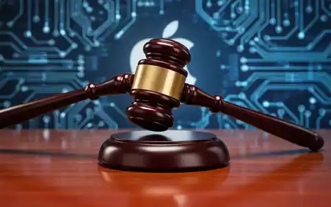 Ein Hammer schlägt auf einen Klangblock auf einem Holztisch, mit verschwommenen Tech-Mustern und einem dezenten Apple-Logo im Hintergrund, das einen Rechtsstreit symbolisiert. - Foto: über boerse-global.de