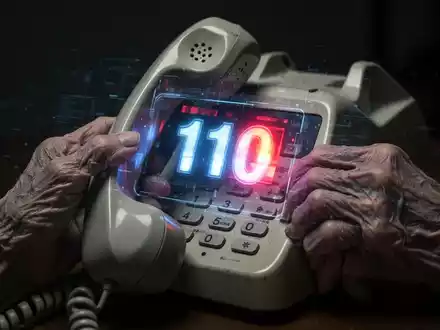 Ăltere HĂ€nde halten ein Telefon mit verzerrter digitaler Anzeige der Notrufnummer 110, Symbol fĂŒr Betrug durch Anrufe. - Foto: ĂŒber boerse-global.de