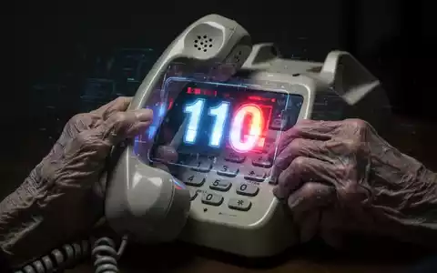 Ältere Hände halten ein Telefon mit verzerrter digitaler Anzeige der Notrufnummer 110, Symbol für Betrug durch Anrufe. - Foto: über boerse-global.de
