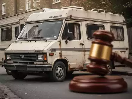 Ein älteres Fiat Ducato Wohnmobil ist auf einer Straße geparkt, im Vordergrund ein unscharfer Auktionshammer. - Foto: über boerse-global.de