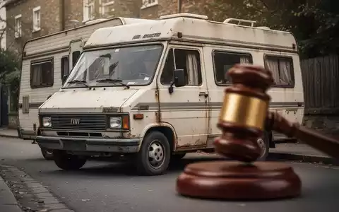 Ein älteres Fiat Ducato Wohnmobil ist auf einer Straße geparkt, im Vordergrund ein unscharfer Auktionshammer. - Foto: über boerse-global.de
