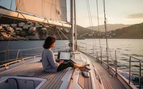 Eine Person arbeitet auf einem Laptop an Deck einer Segelyacht, mit dem Mittelmeer und einer Küste im Hintergrund. - Foto: über boerse-global.de