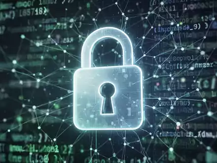 Stilisiertes, leuchtendes Vorhängeschloss vor verschwommenem Code- und Netzwerkhintergrund. - Foto: über boerse-global.de