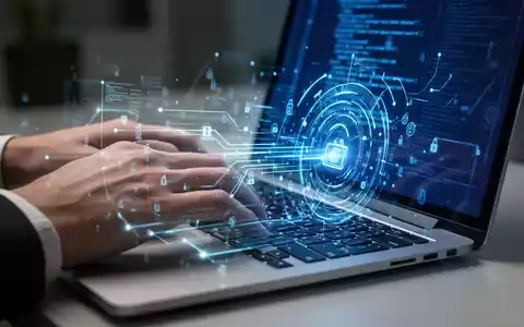 Hände tippen auf einer Laptoptastatur, mit blauer digitaler Überlagerung, die Datenfluss und Systemupdates symbolisiert. - Foto: über boerse-global.de