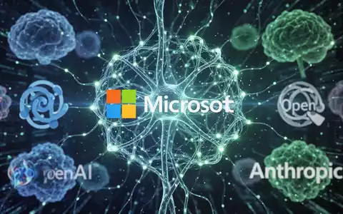 Leuchtendes neuronales Netzwerk, das Microsofts KI repräsentiert, subtil mit dessen Logo verbunden, dominant über konkurrierende abstrakte digitale Formen. - Foto: über boerse-global.de