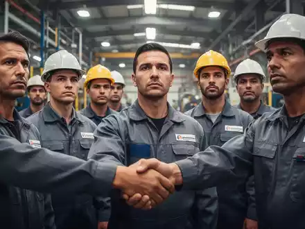 Arbeiter in einer Fabrik, die zusammenstehen und Entschlossenheit zeigen, symbolisieren Gewerkschaftsbildung und kollektives Handeln. - Foto: über boerse-global.de