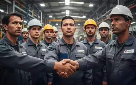 Arbeiter in einer Fabrik, die zusammenstehen und Entschlossenheit zeigen, symbolisieren Gewerkschaftsbildung und kollektives Handeln. - Foto: über boerse-global.de