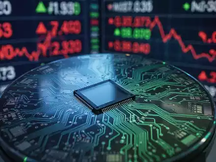 Nahaufnahme einer hochmodernen Halbleiterplatine mit komplizierten Schaltkreisen und einem unscharfen Börsenticker im Hintergrund. - Foto: über boerse-global.de