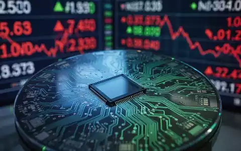Nahaufnahme einer hochmodernen Halbleiterplatine mit komplizierten Schaltkreisen und einem unscharfen Börsenticker im Hintergrund. - Foto: über boerse-global.de