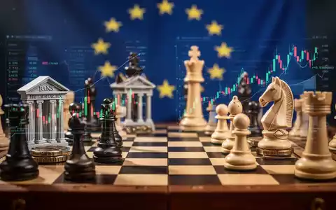 Schachfiguren, die Börsen und Banken darstellen, auf einem Schachbrett mit einer angedeuteten EU-Flagge im Hintergrund. - Foto: über boerse-global.de