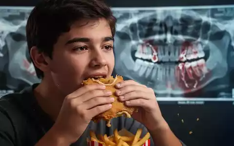 Ein junger Mensch isst Fast Food, im Hintergrund eine unscharfe Röntgenaufnahme des Gebisses mit Anzeichen von Parodontitis. - Foto: über boerse-global.de