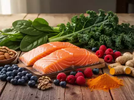Eine Nahaufnahme einer Auswahl entzündungshemmender Lebensmittel, darunter Lachs, Nüsse, Beeren, Ingwer und Kurkuma auf einem Holztisch. - Foto: über boerse-global.de