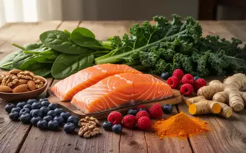 Eine Nahaufnahme einer Auswahl entzündungshemmender Lebensmittel, darunter Lachs, Nüsse, Beeren, Ingwer und Kurkuma auf einem Holztisch. - Foto: über boerse-global.de