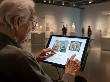 Eine ältere Person interagiert mit einem Tablet, das eine Kunstausstellung oder einen Online-Kurs zeigt. - Foto: über boerse-global.de