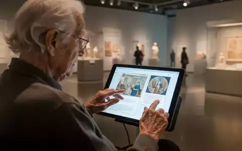 Eine ältere Person interagiert mit einem Tablet, das eine Kunstausstellung oder einen Online-Kurs zeigt. - Foto: über boerse-global.de
