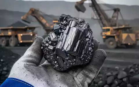 Nahaufnahme einer Graphitprobe, die in einer behandschuhten Hand vor einem unscharfen Bergbauhintergrund gehalten wird. - Foto: über boerse-global.de