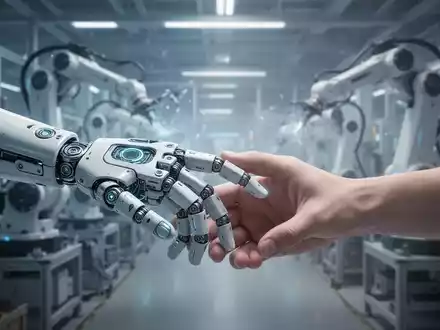 Eine hochentwickelte Roboterhand berührt sanft eine menschliche Hand in einer futuristischen Fabrik, Symbol für KI-Mensch-Kollaboration. - Foto: über boerse-global.de