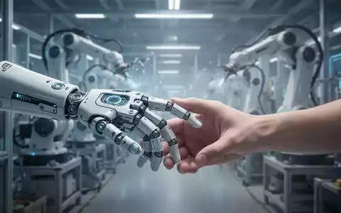 Eine hochentwickelte Roboterhand berührt sanft eine menschliche Hand in einer futuristischen Fabrik, Symbol für KI-Mensch-Kollaboration. - Foto: über boerse-global.de