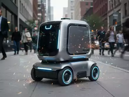 Ein autonomer Lieferroboter auf einem Bürgersteig scheint zu stören, digitale Störungen umgeben ihn. - Foto: über boerse-global.de