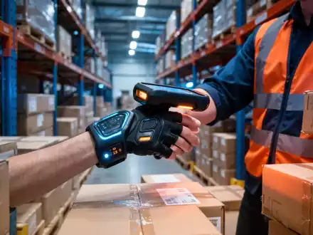 Eine Nahaufnahme eines Logistikmitarbeiters, der einen fortschrittlichen, handfreien Scanner am Handrücken trägt und Pakete scannt. - Foto: über boerse-global.de