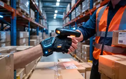 Eine Nahaufnahme eines Logistikmitarbeiters, der einen fortschrittlichen, handfreien Scanner am Handrücken trägt und Pakete scannt. - Foto: über boerse-global.de