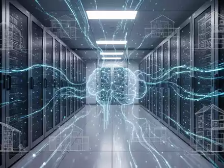 Ein futuristischer Serverraum mit leuchtenden blauen Datenströmen, die KI und digitale Zwillinge darstellen, überlagert mit architektonischen Bauplänen. - Foto: über boerse-global.de
